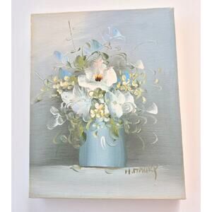 Vintage Original Art Painting Acrylic Floral 8x10 Unframed Signed Blue Signed